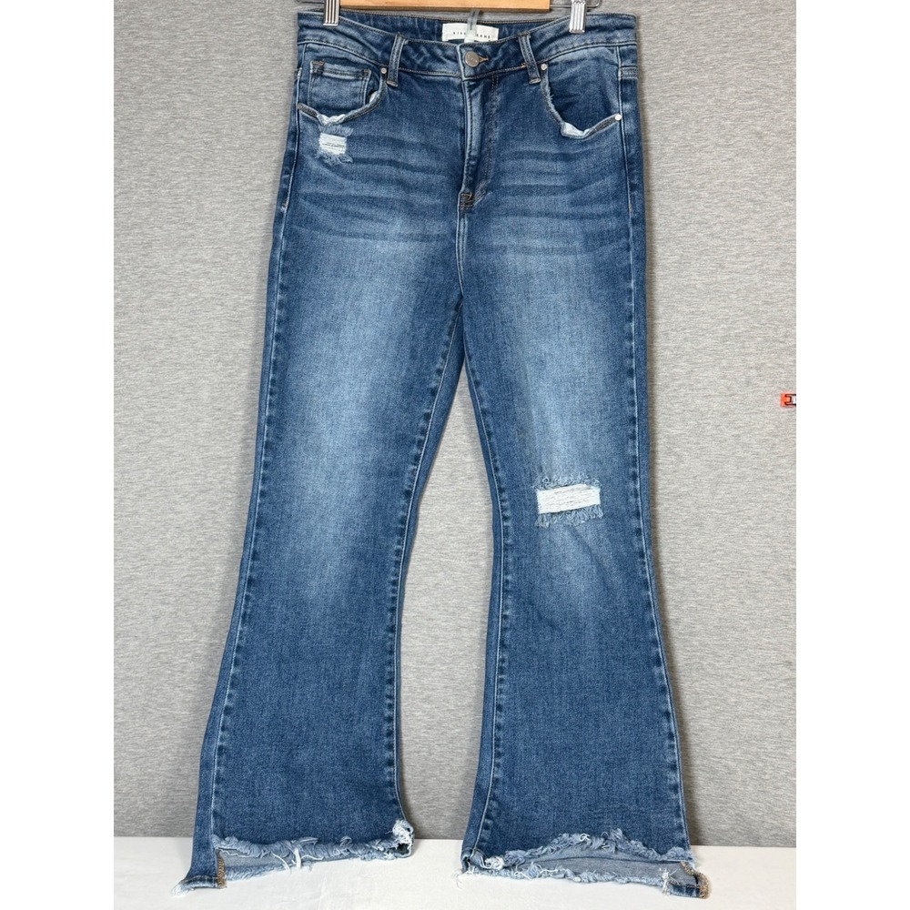 Risen Jeans High Rise Distressed Flare Frayed High Low Hem Denim 9/29